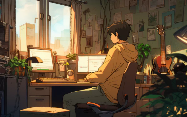 A serene anime room scene featuring a character working at a desk with dual monitors, surrounded by plants and illuminated by warm sunlight streaming through a window. Lofi vibes abound.