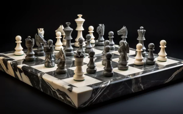 HD desktop wallpaper featuring a detailed marble chess set with crafted stone pieces on an elegant chessboard.