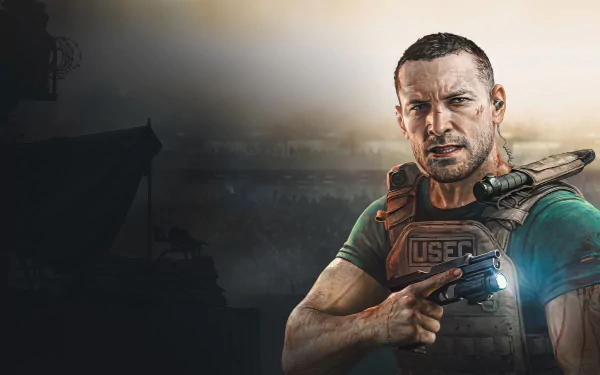 HD desktop wallpaper featuring a rugged soldier from Escape from Tarkov: Arena, wielding a pistol with a focused expression.