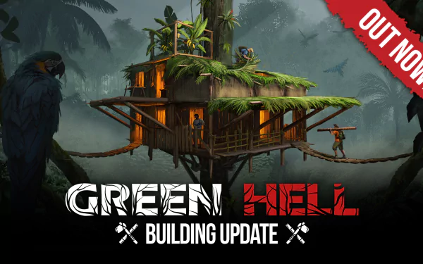 Green Hell game HD wallpaper featuring Building Update with a treehouse in a jungle setting and the text 'OUT NOW.'