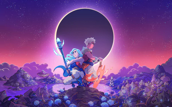 HD desktop wallpaper featuring two animated characters gazing at a starry sky with a large moon, in a 'Sea of Stars' themed mystical setting, perfect for a vibrant and enchanting computer background.