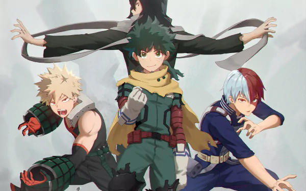 HD anime wallpaper featuring Katsuki Bakugou, Shota Aizawa, Izuku Midoriya, and Shoto Todoroki from My Hero Academia in dynamic poses.