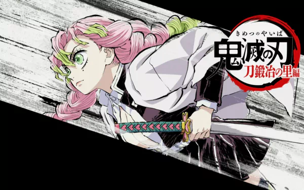 Anime HD desktop wallpaper from Demon Slayer: Kimetsu no Yaiba featuring Mitsuri Kanroji in dynamic action pose with sword and logo in background.