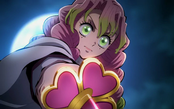 HD Anime desktop wallpaper featuring a close-up of a Demon Slayer: Kimetsu no Yaiba character with glowing green eyes and pink heart-shaped gloves against a moonlit background.