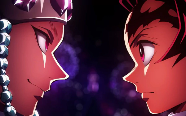 HD PC desktop wallpaper featuring a close-up anime scene from Demon Slayer: Kimetsu no Yaiba with two characters facing each other against a dark, blurred background.