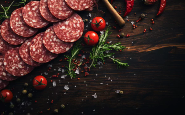 HD wallpaper with a sumptuous spread of sliced salami, cherry tomatoes, fresh herbs, and spices on a dark wooden background.