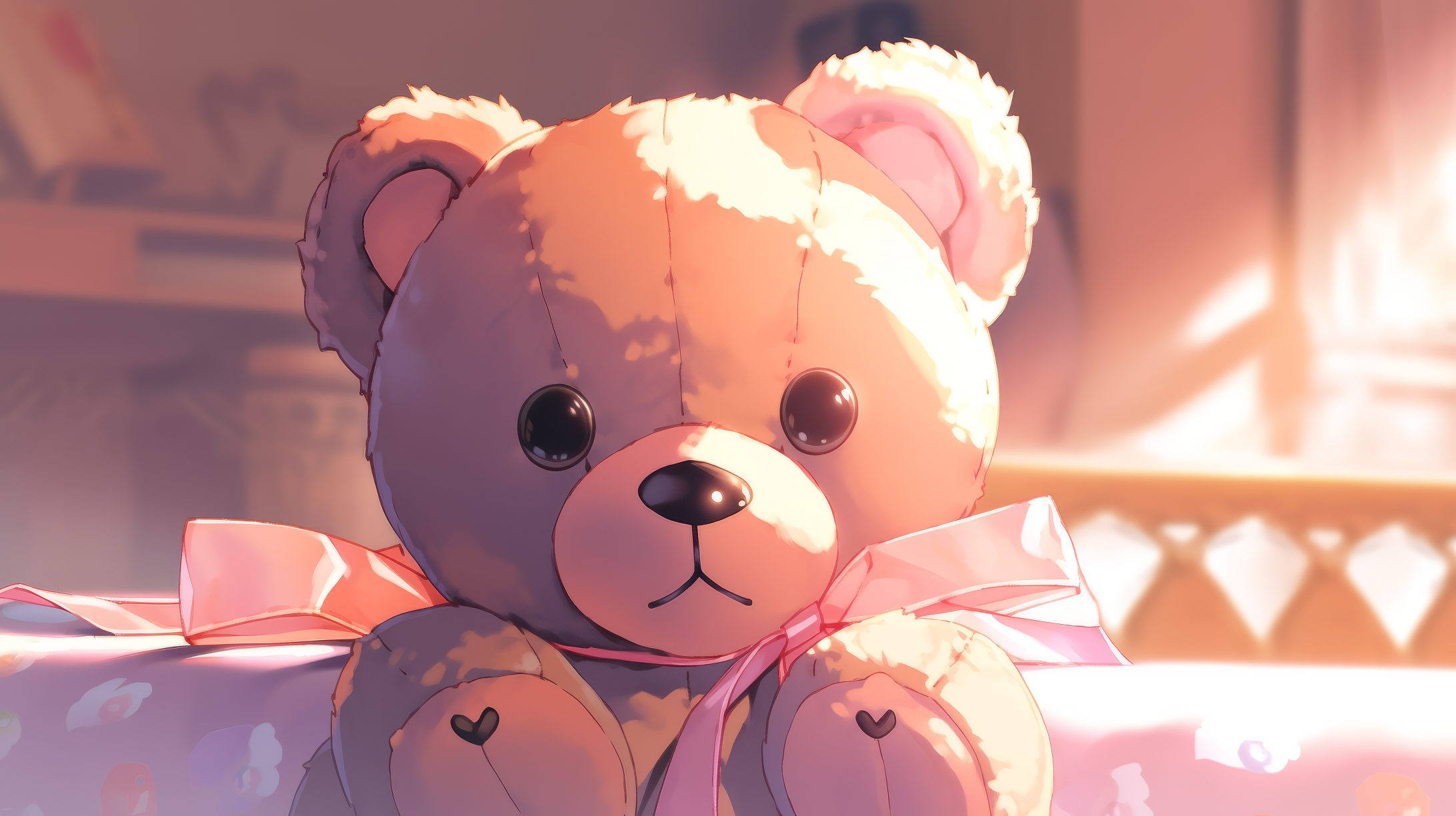HD wallpaper of a cute teddy bear stuffed animal with a pink bow, ideal for desktop background.