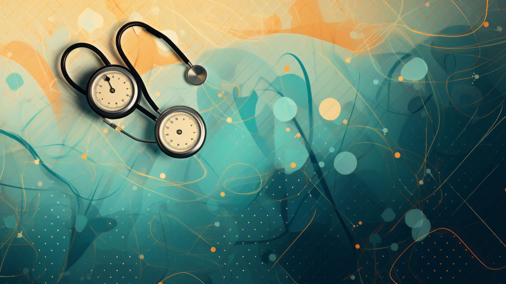 HD desktop wallpaper featuring an artistic representation of a stethoscope on a stylized medical background with abstract patterns and warm color tones.