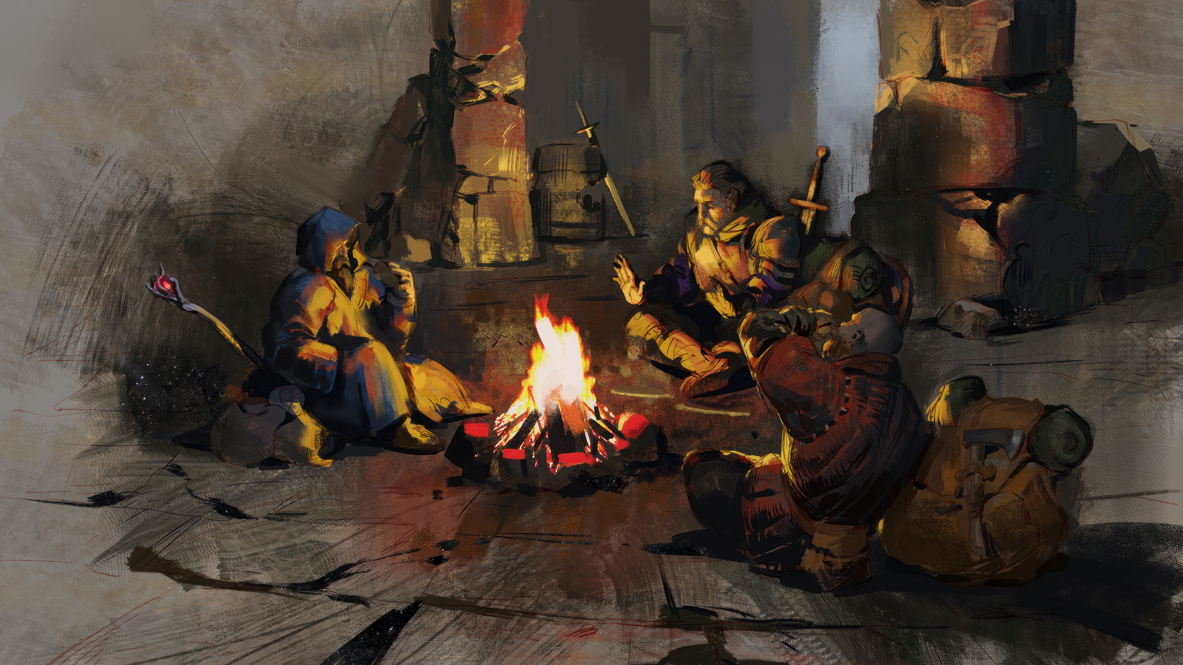 HD desktop wallpaper of adventurers resting by a campfire from the game Dark and Darker.