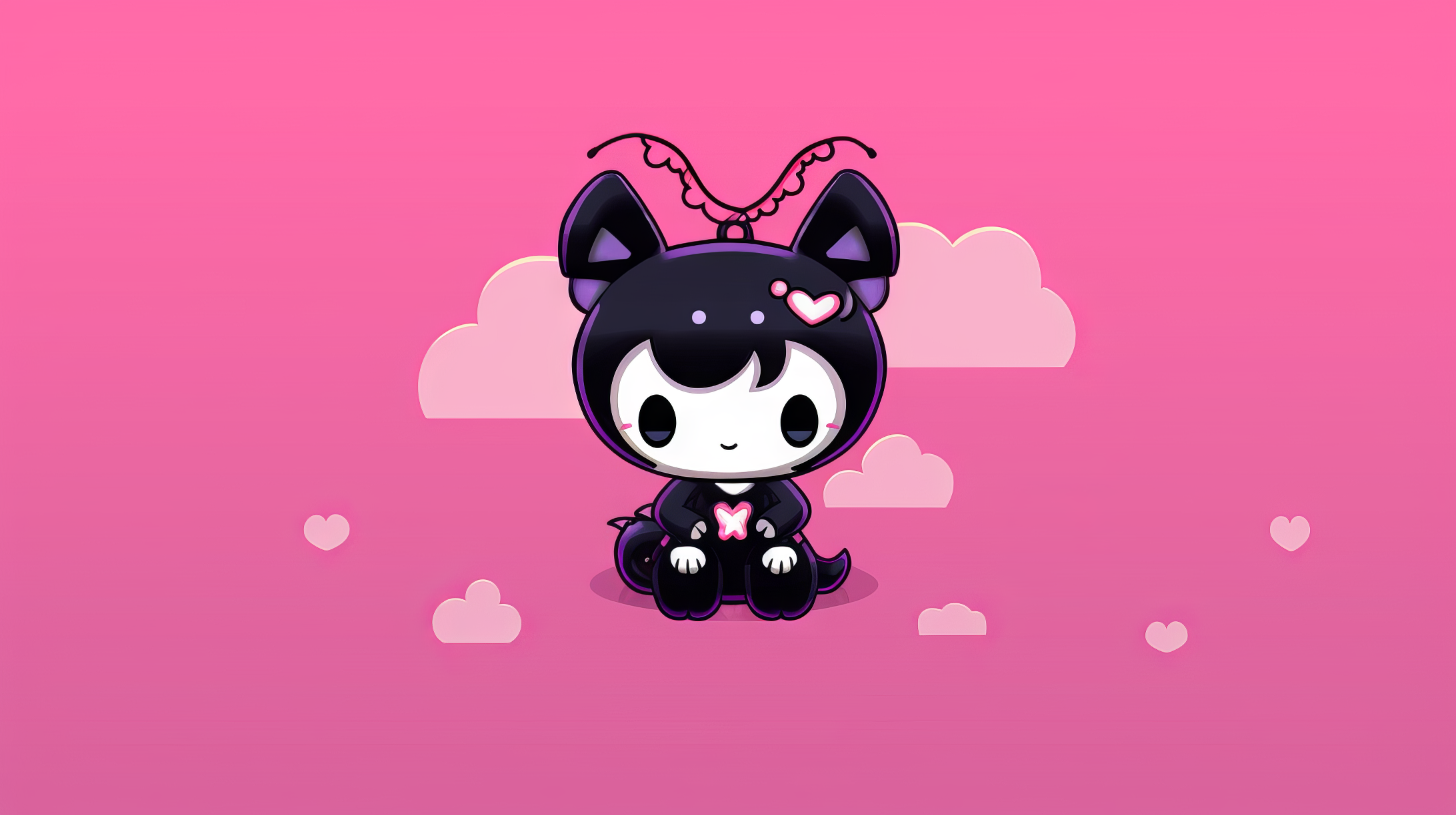 HD desktop wallpaper featuring Kuromi from Onegai My Melody against a pink background with hearts and clouds.