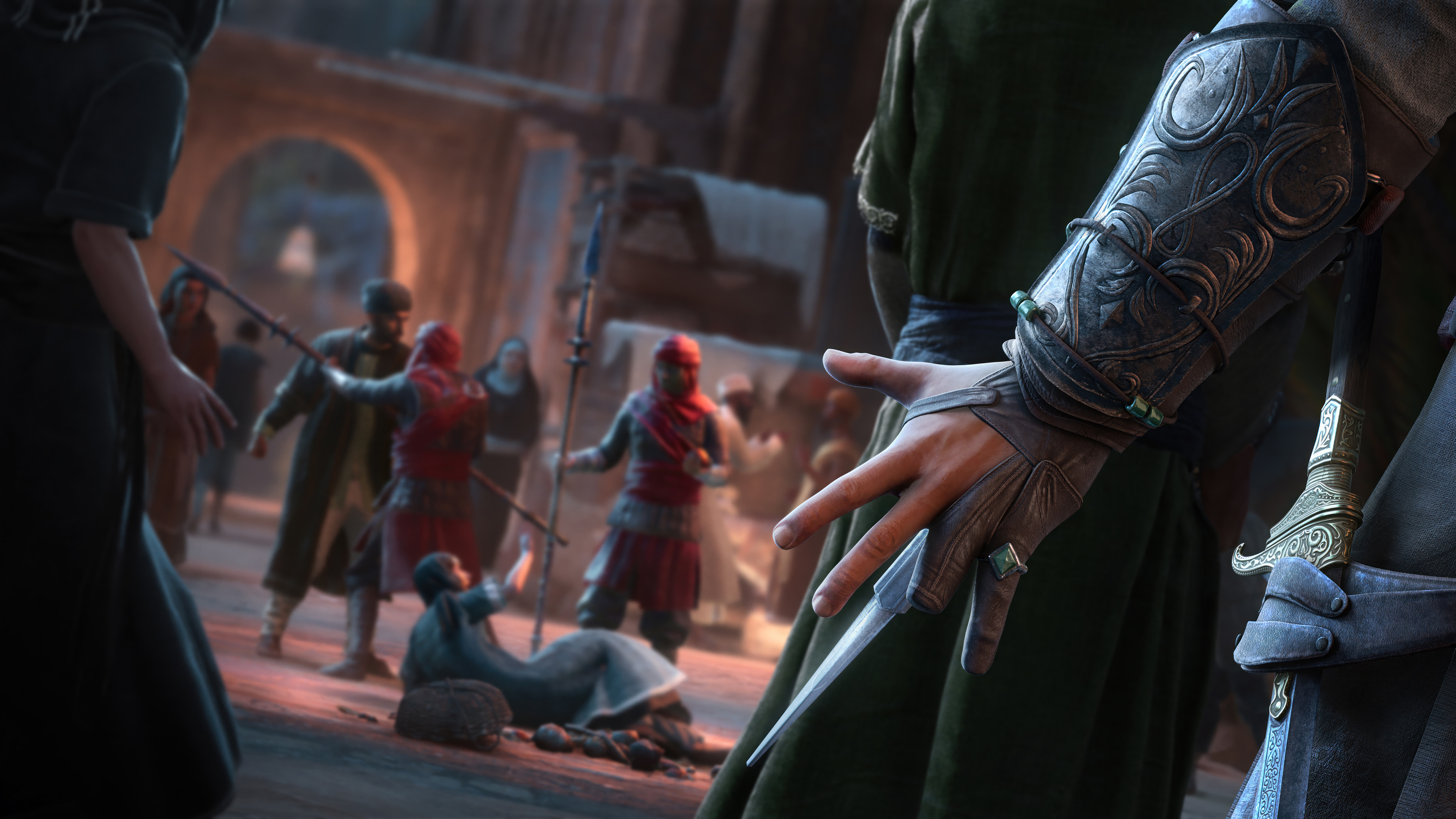 HD desktop wallpaper featuring a scene from Assassin's Creed Mirage with a focus on a character's hands in the foreground, set against the game's vibrant, historical backdrop capturing the tense atmosphere of a stealth mission.