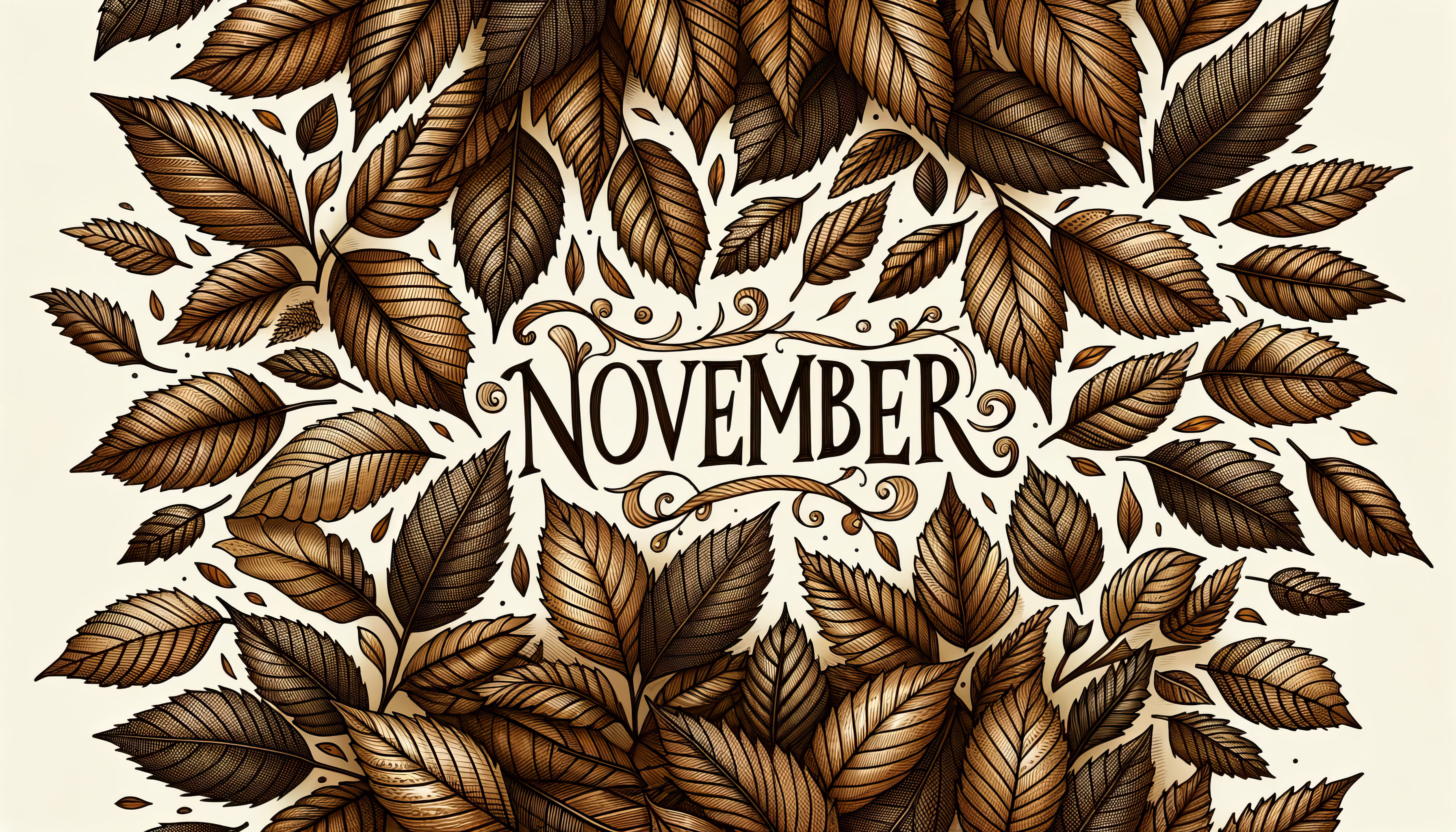 November-themed HD desktop wallpaper with elegant leaf pattern and stylish typography.