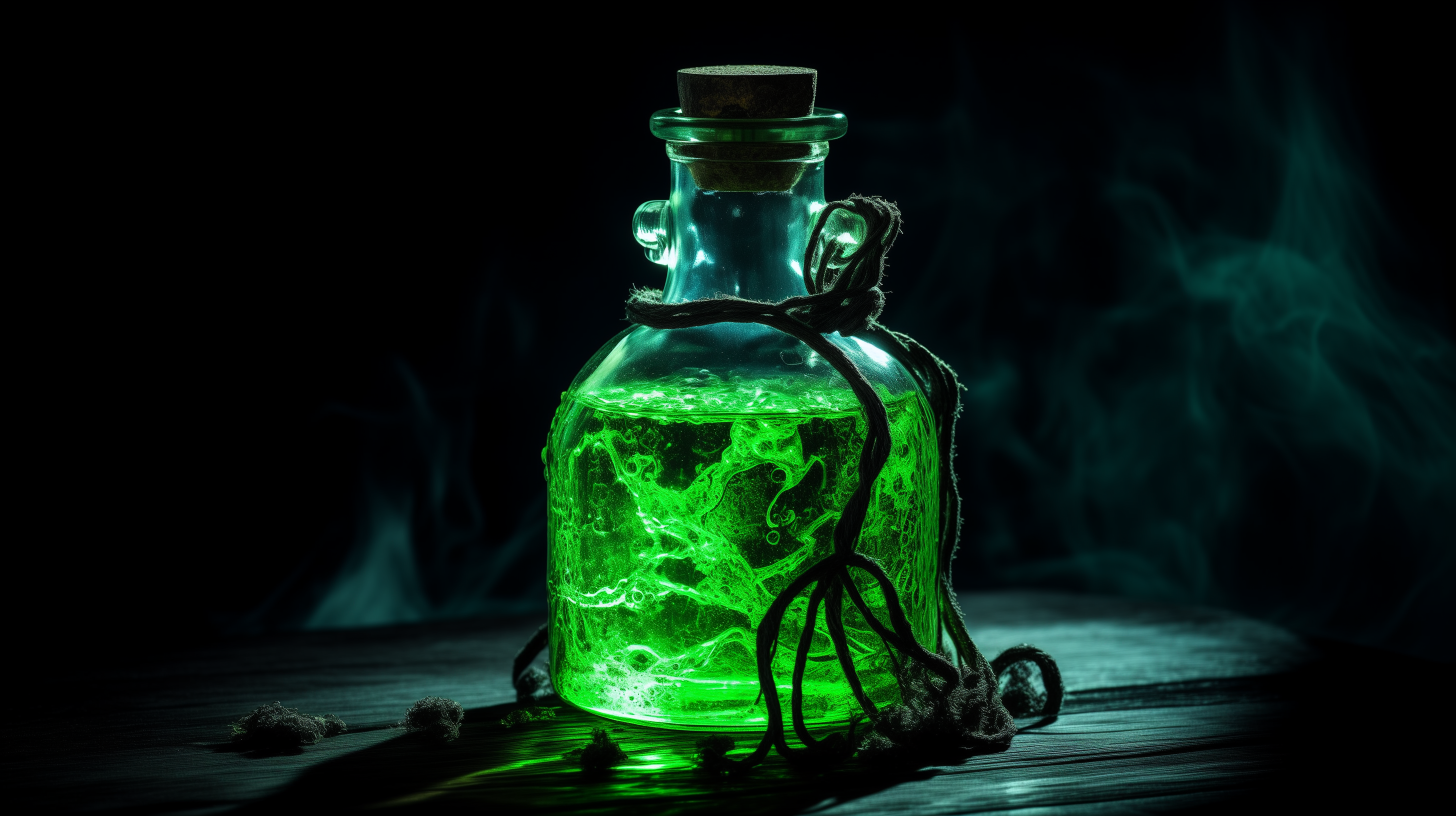 HD desktop wallpaper featuring a glowing green toxic potion in a man-made bottle, surrounded by mysterious smoke.
