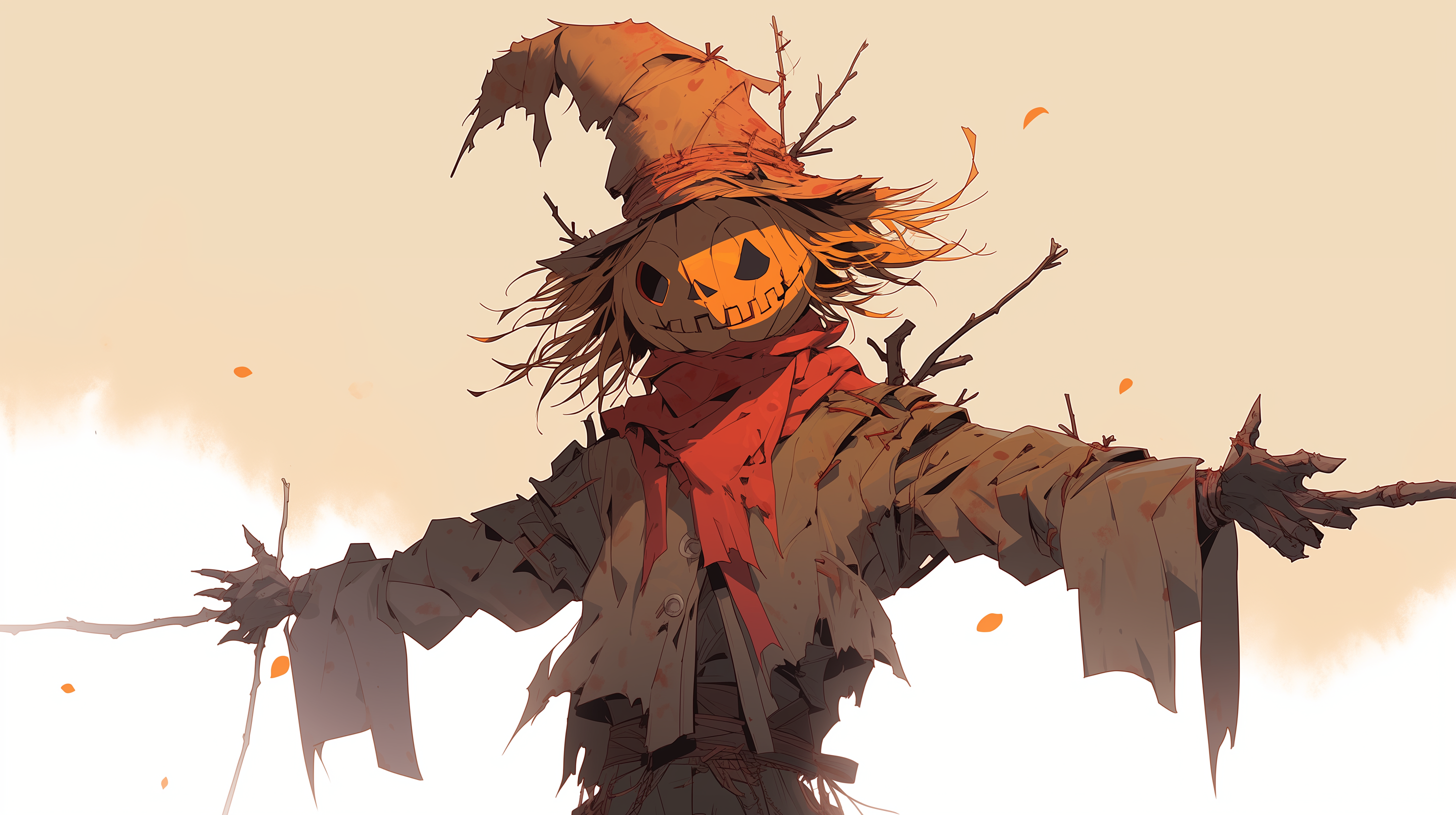 HD Halloween desktop wallpaper featuring a spooky scarecrow with a jack-o'-lantern head against a soft, autumnal backdrop.