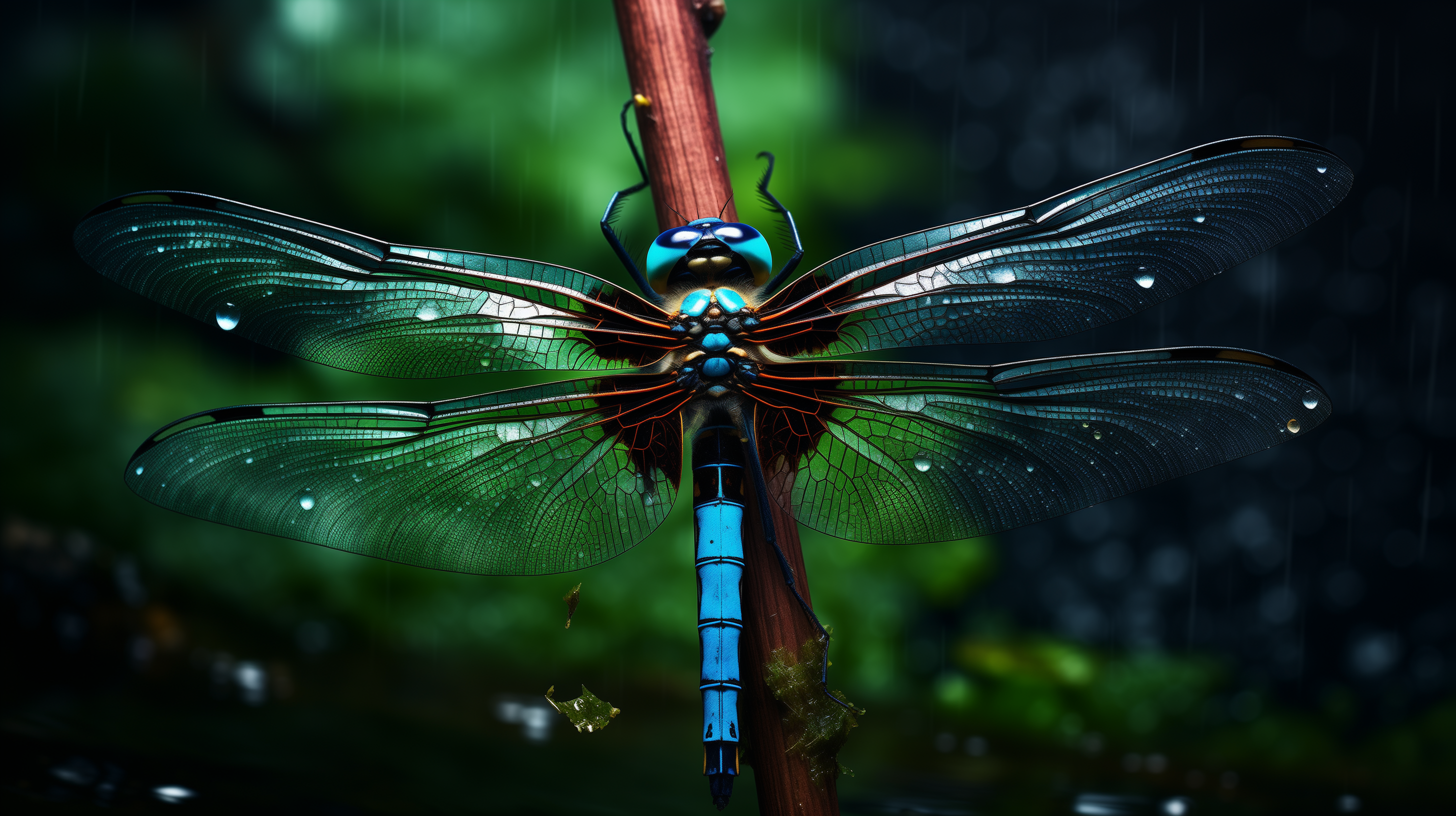 HD wallpaper of a vibrant blue dragonfly perched on a twig with dew drops and a blurred green background.