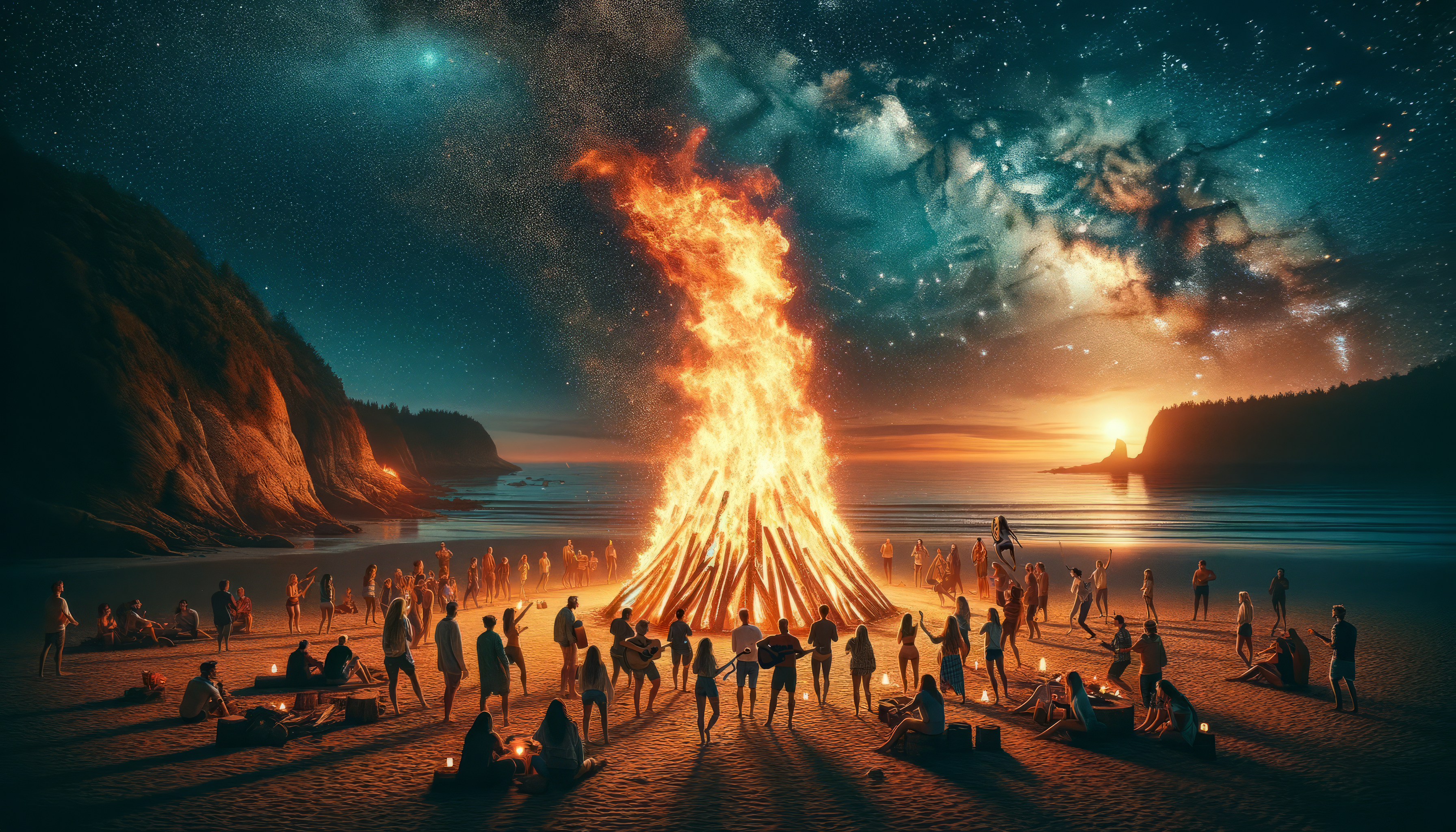 Spectacular beach bonfire at night with people gathered around, under a starry sky, available as an HD desktop wallpaper and background.