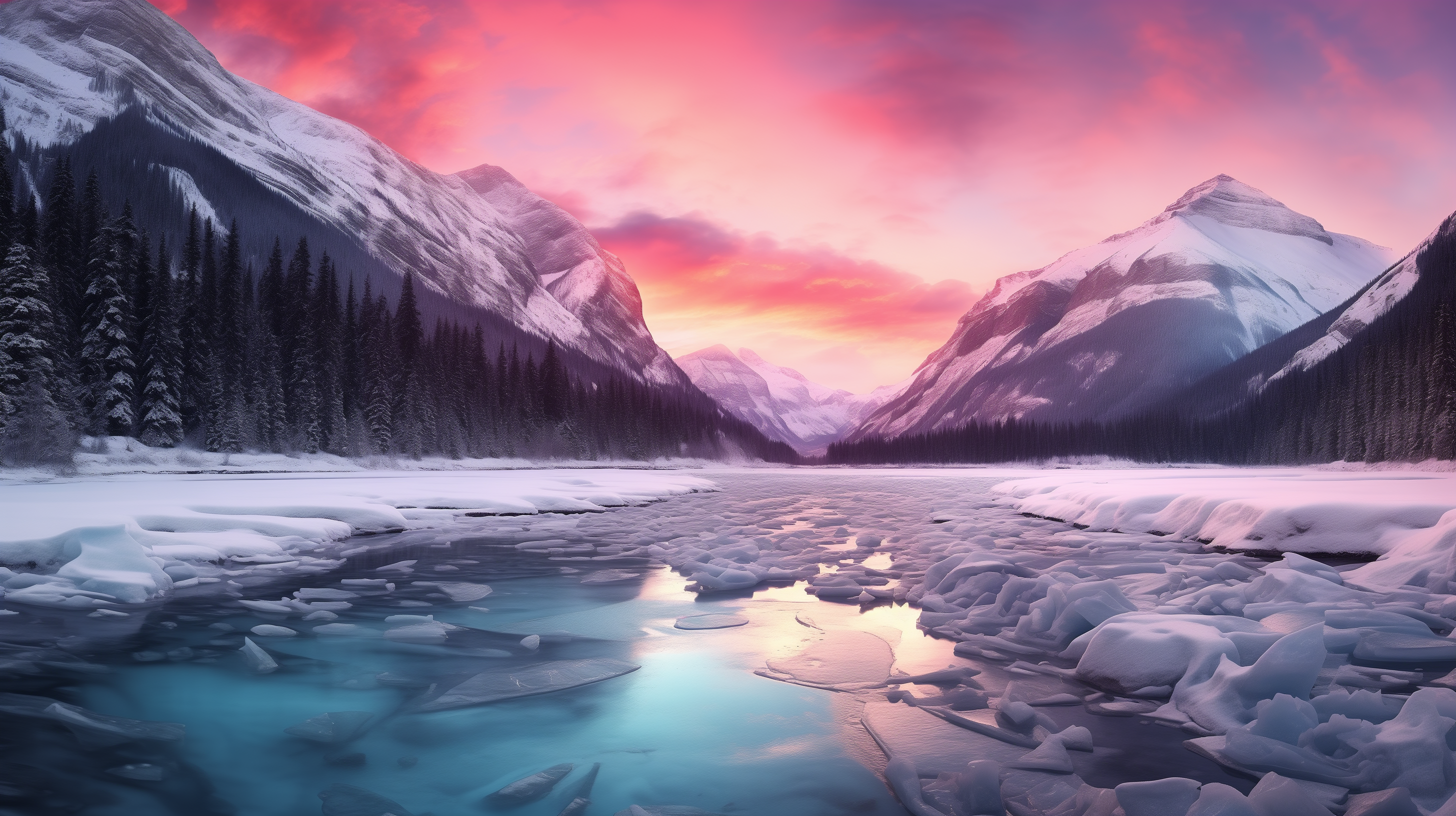 HD wallpaper of a frosty sunrise over a frozen lake with snow-covered mountains and vivid pink skies.