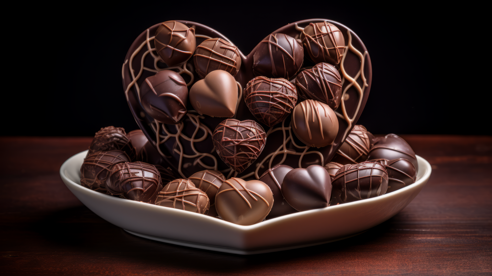 A stunning HD desktop wallpaper featuring an artistic display of assorted heart-shaped chocolates, showcasing rich textures and elegant designs against a dark backdrop.