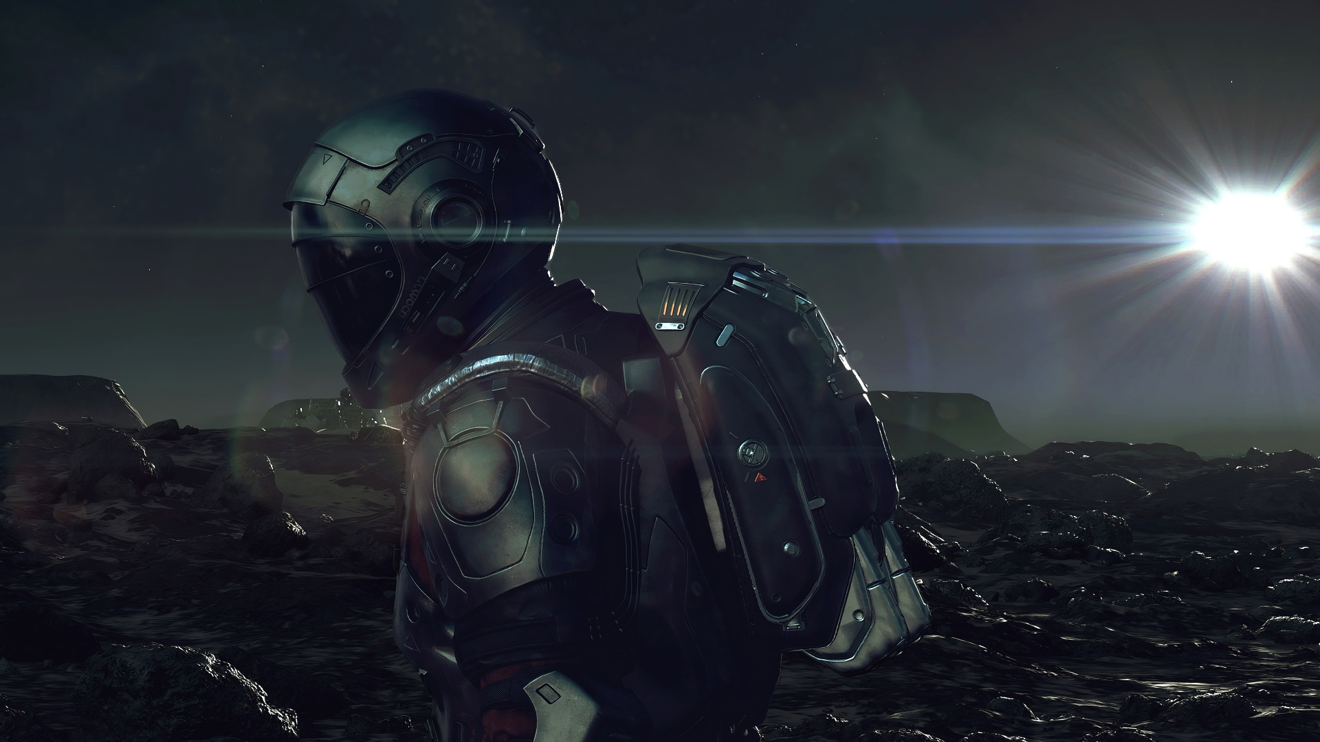 4K Ultra HD PC desktop wallpaper featuring a space explorer in high-tech armor on a rocky alien surface, inspired by the Starfield video game.