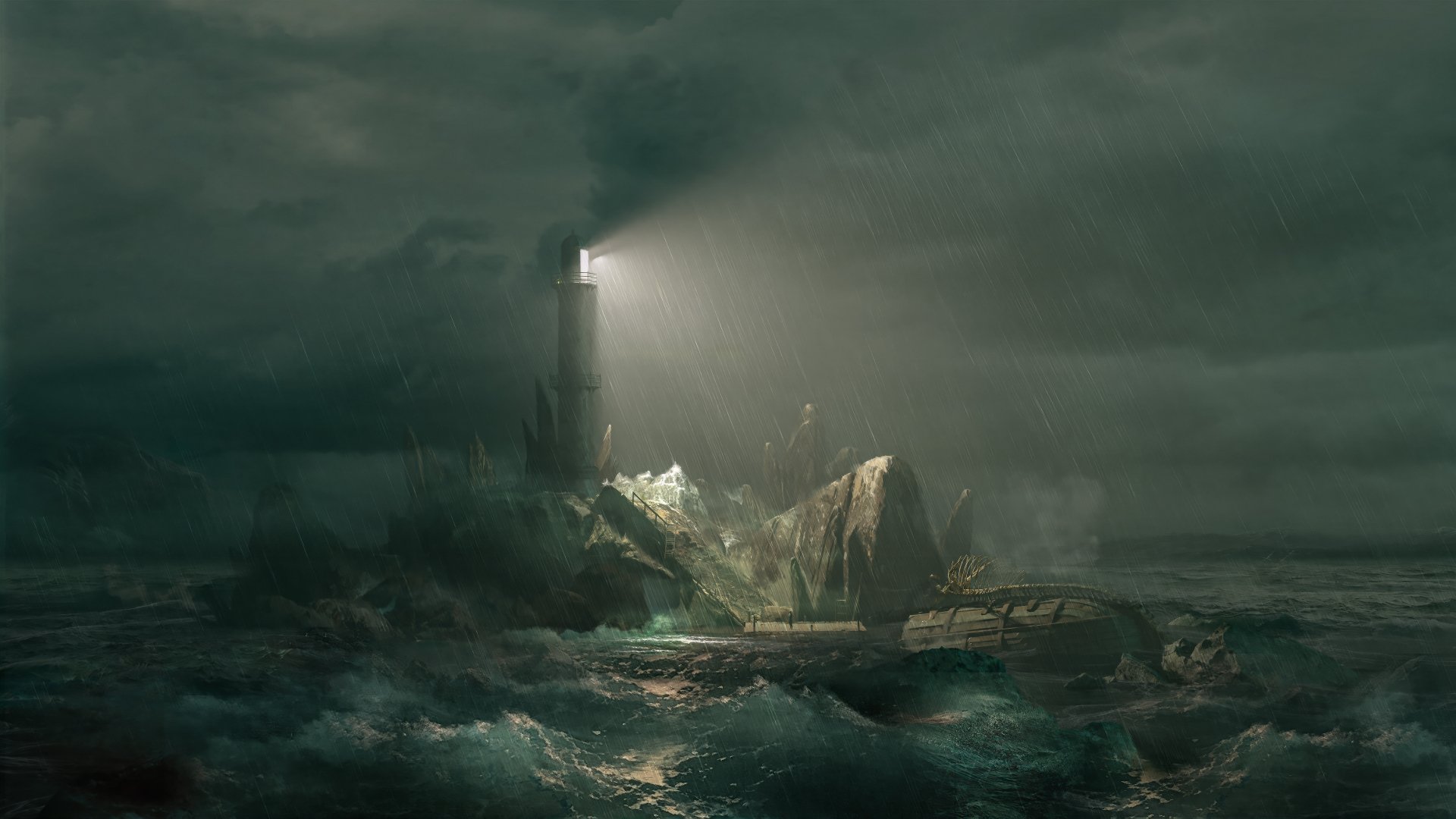 Stormy night scene of a lighthouse on a rocky island, casting light through heavy clouds and rough seas, from the video game Sherlock Holmes: The Awakened in 8K Ultra HD.