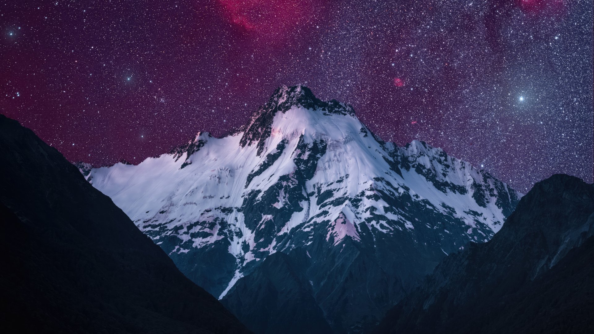 4K Ultra HD PC desktop wallpaper featuring a majestic snow-covered mountain under a vibrant purple starry night sky.