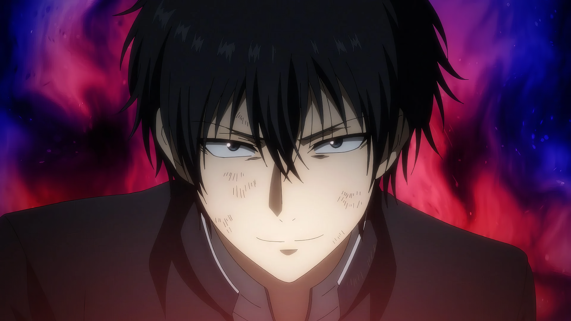 HD wallpaper of Yuuichi Katakiri, a character from Tomodachi Game, with a mysterious backdrop of red and purple hues.