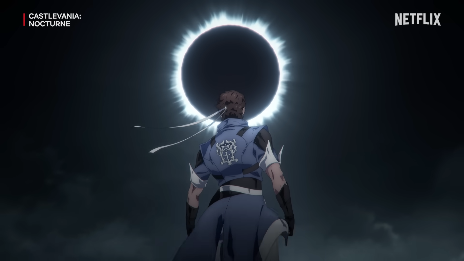 Richter Belmont stands heroically, facing a glowing circular portal in a dark, atmospheric setting from *Castlevania: Nocturne*. An HD desktop wallpaper capturing epic anime artistry.