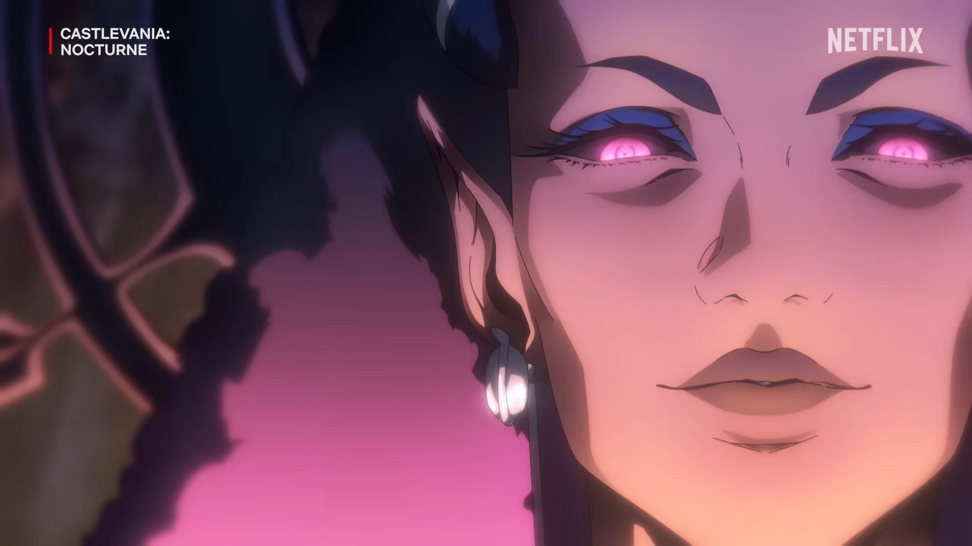 HD desktop wallpaper featuring a close-up from Castlevania: Nocturne, showing a character with pink glowing eyes.