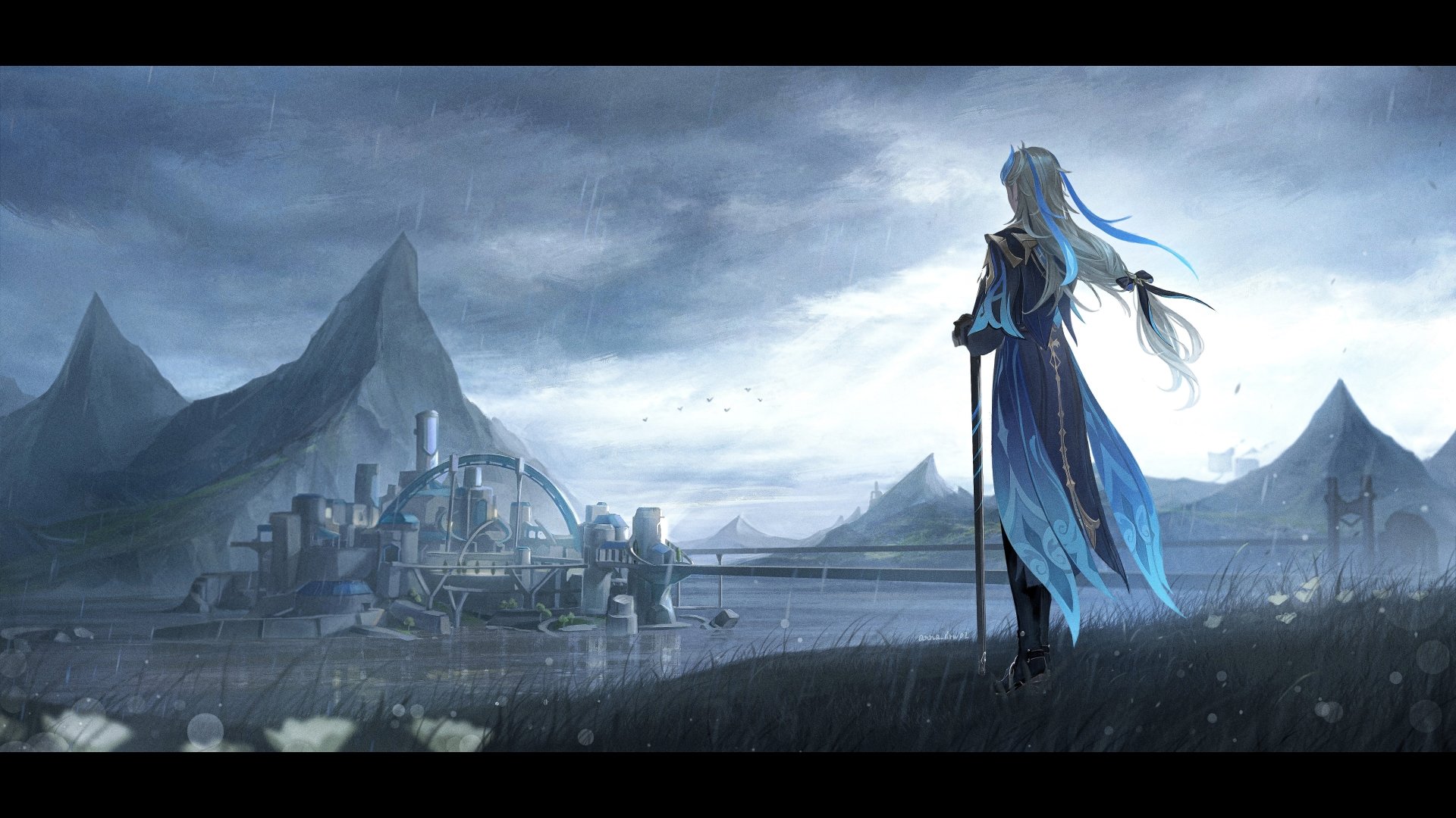 Download Neuvillette (Genshin Impact) Long Hair White Hair City Mountain Video Game Genshin Impact 4k Ultra HD Wallpaper by アナ