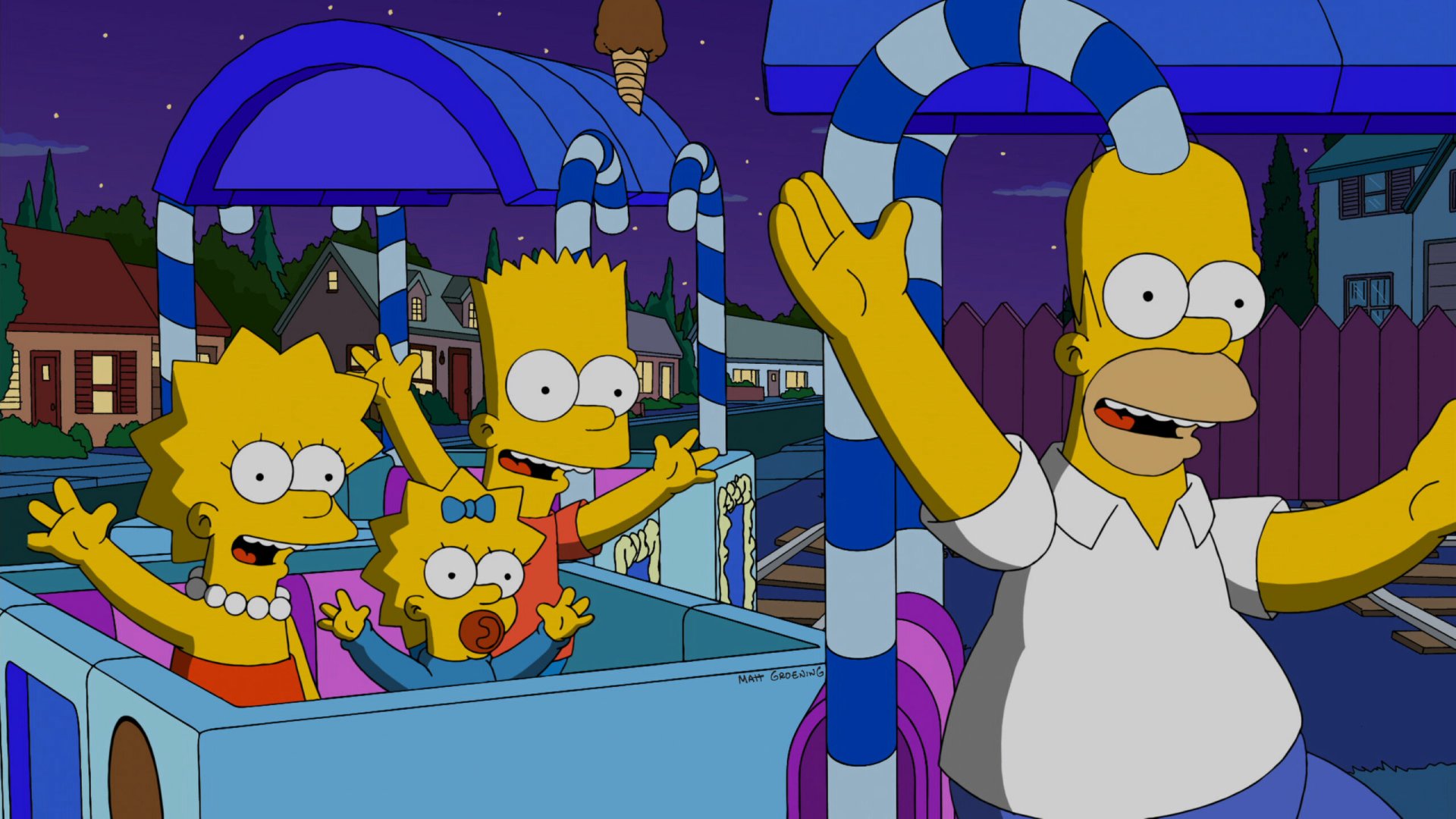 A vibrant HD wallpaper featuring the Simpson family: Homer, Bart, Lisa, and Maggie, enjoying a fun moment together against a charming night backdrop.