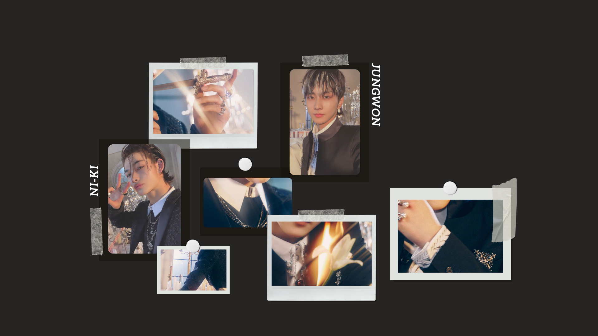 HD PC desktop wallpaper background: dark collage of taped Polaroid-style close-ups with a moody music vibe and ENHYPEN-themed imagery.