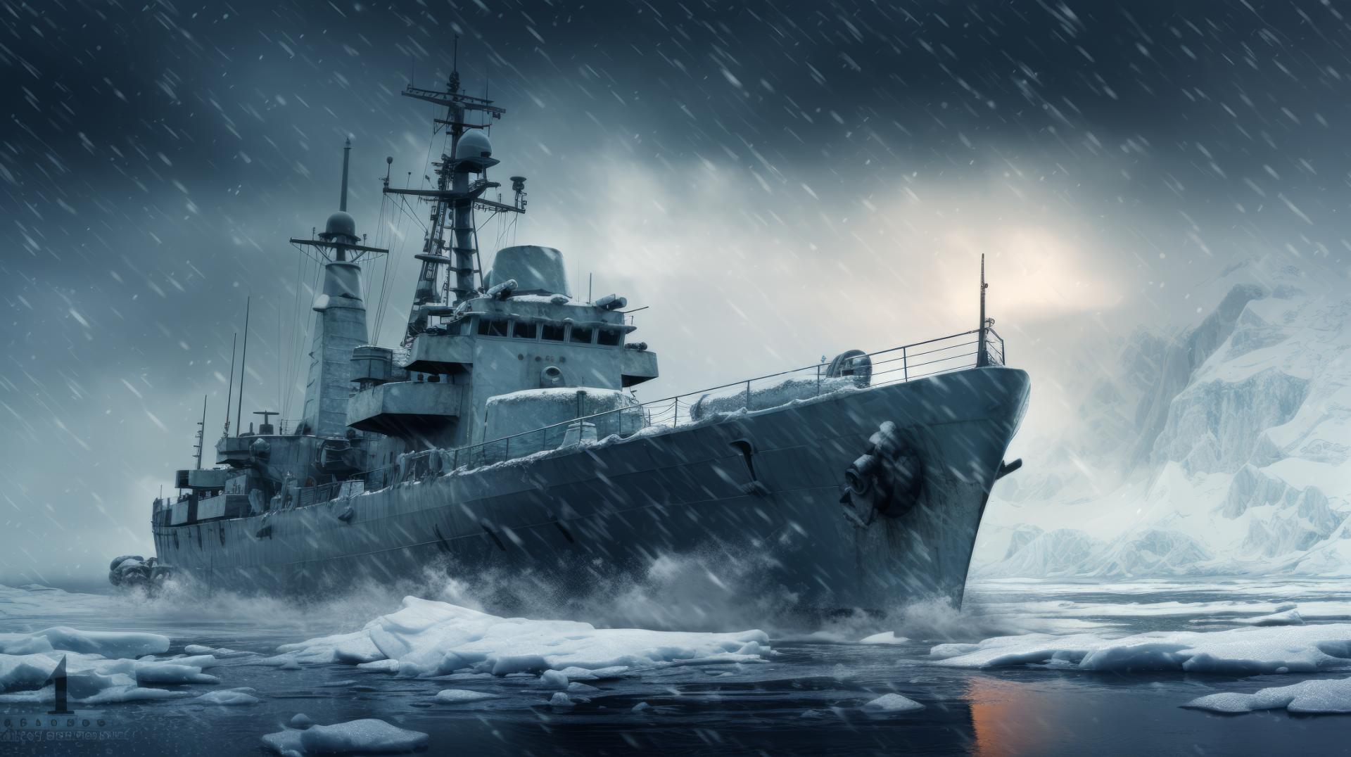 HD wallpaper of a battleship cruising through icy waters under a snowy sky, showcasing a dramatic and artistic military scene.