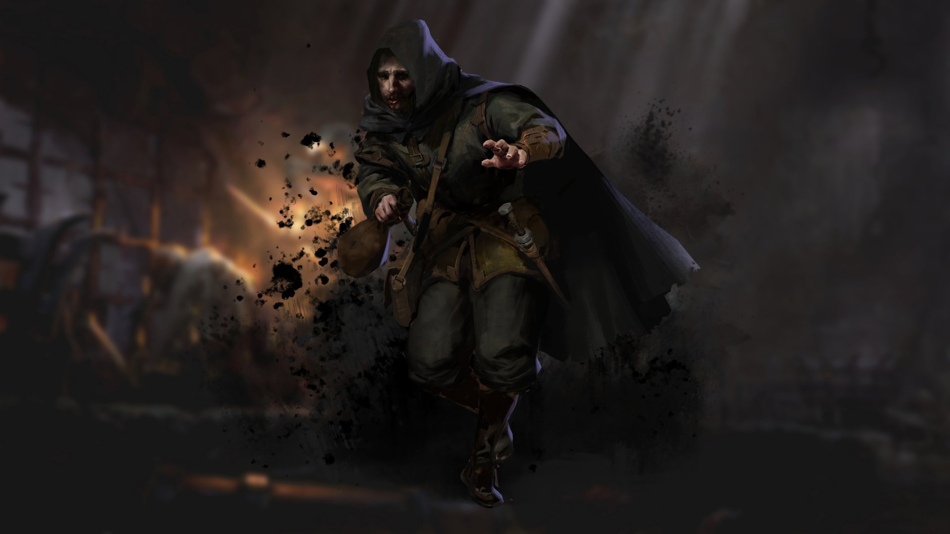 HD desktop wallpaper from the video game Dark and Darker featuring a cloaked character advancing amidst a shadowy, fiery backdrop.