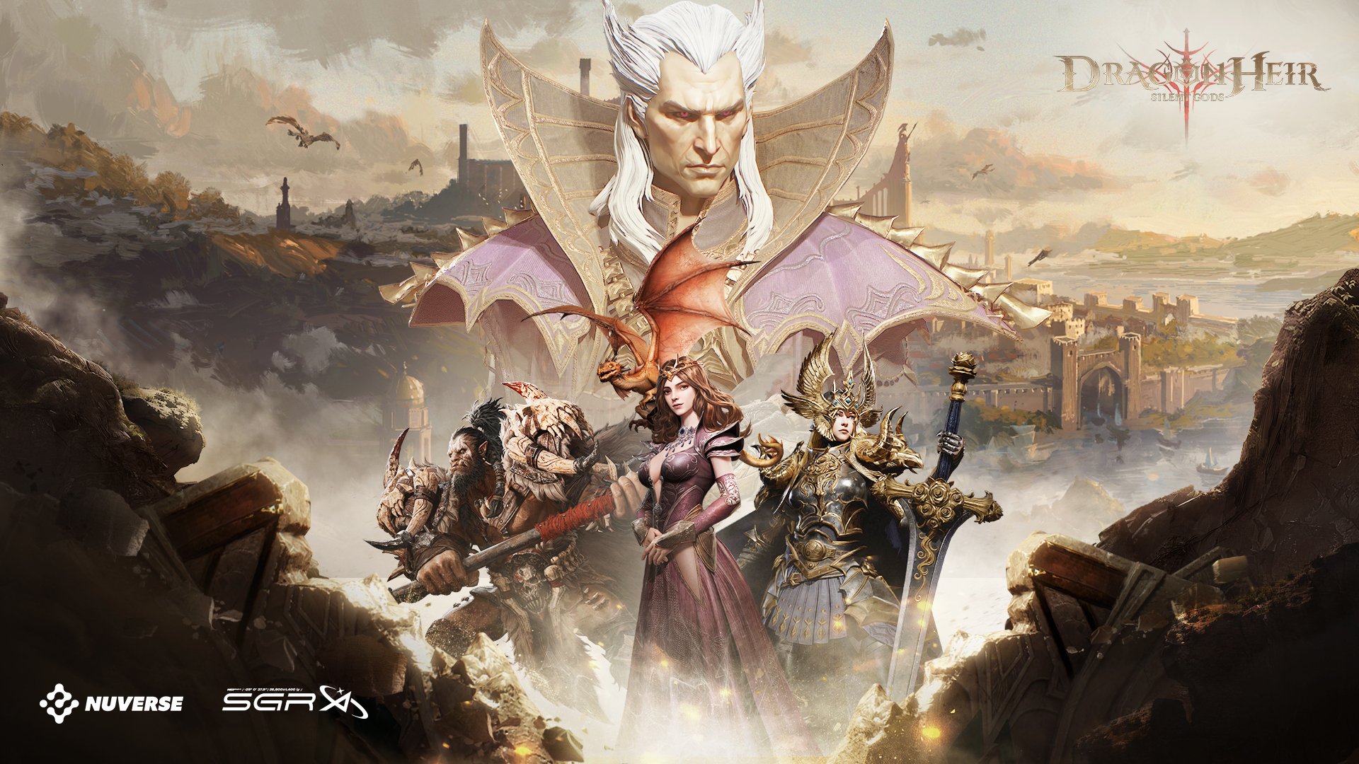 HD desktop wallpaper featuring characters from Dragonheir: Silent Gods game, with a majestic dragon and warriors ready for battle.