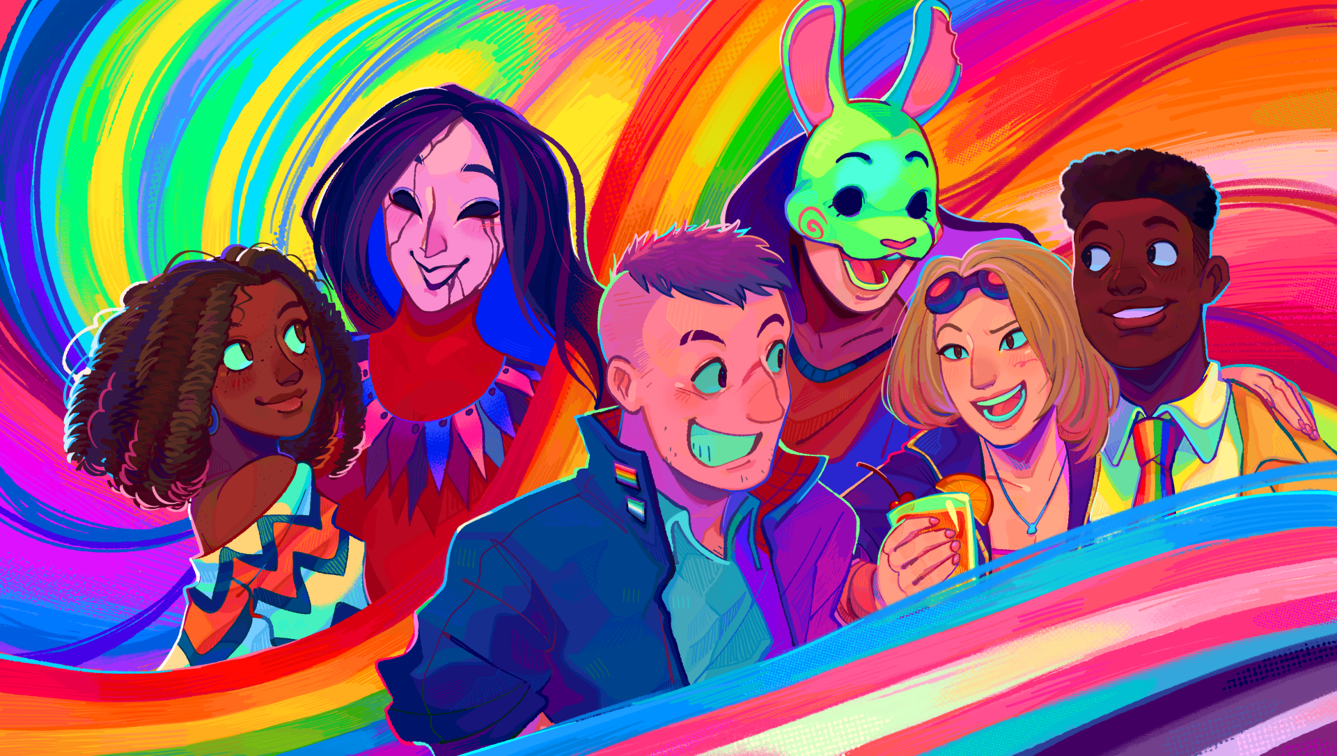HD desktop wallpaper from Dead By Daylight featuring a vibrant illustration of diverse characters with a colorful, swirling rainbow background.