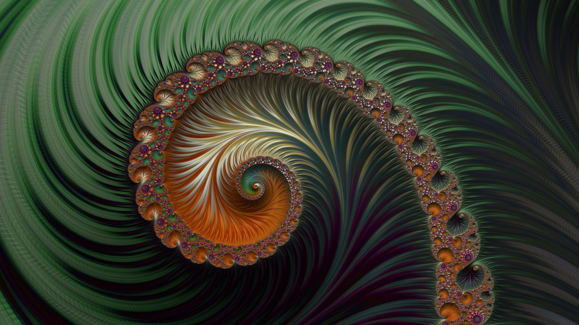 Dark green abstract fractal spiral with an orange core and decorative beaded rim, 8K Ultra HD PC desktop wallpaper and background.