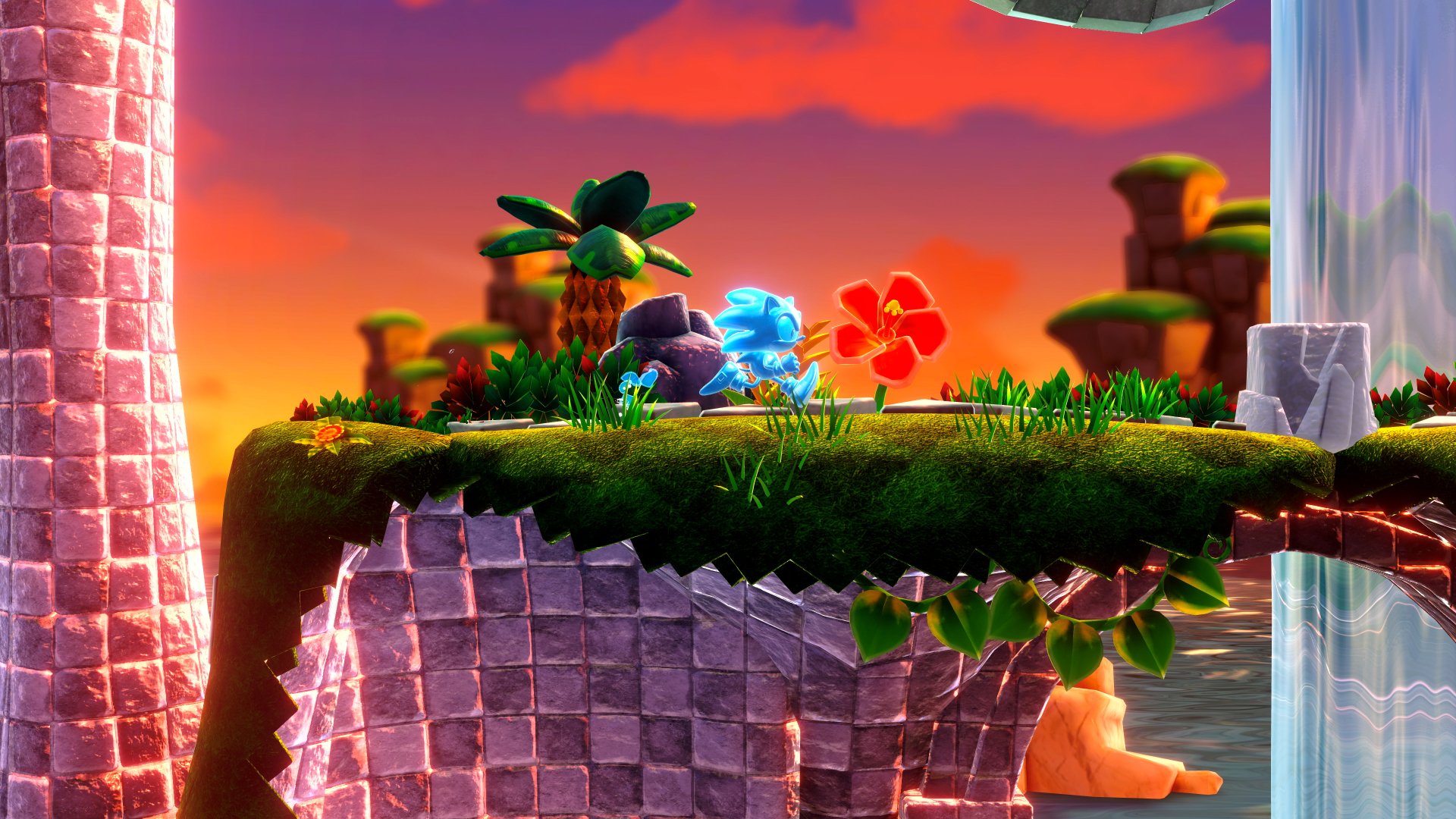 A vibrant HD desktop wallpaper featuring Sonic from Sonic Superstars, set against a colorful sunset with lush greenery, flowers, and a fantastical landscape.