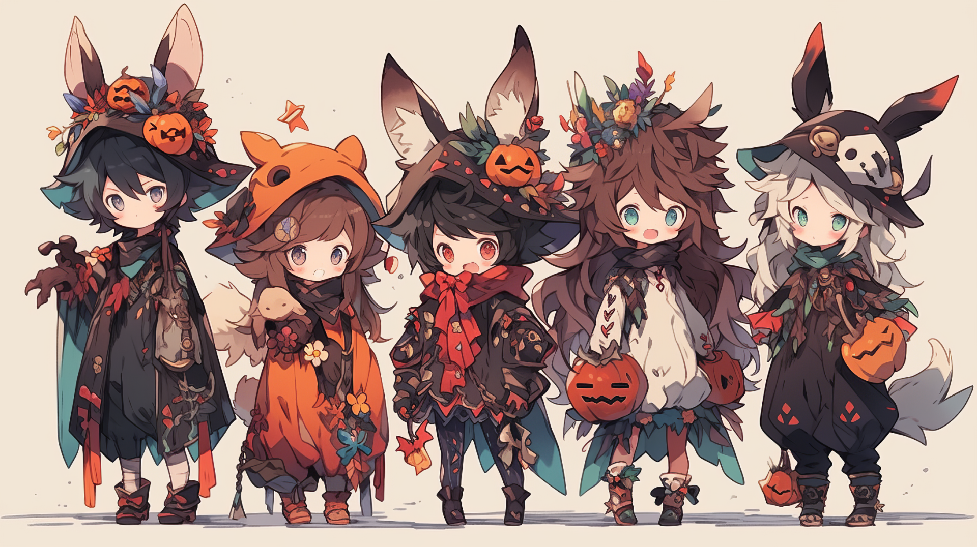 Halloween-themed HD desktop wallpaper featuring cute anime characters dressed in festive costumes with pumpkins and autumn leaves.
