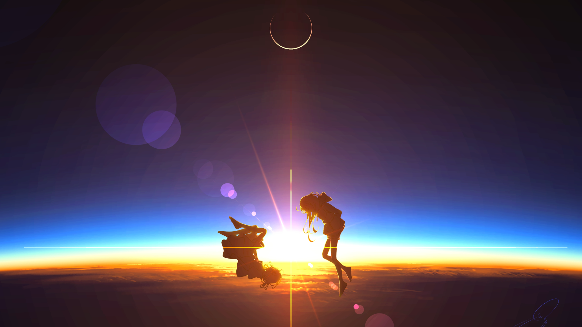 A 4K Ultra HD anime girl and a small creature share a moment against a glowing horizon, creating a captivating PC desktop wallpaper and background.