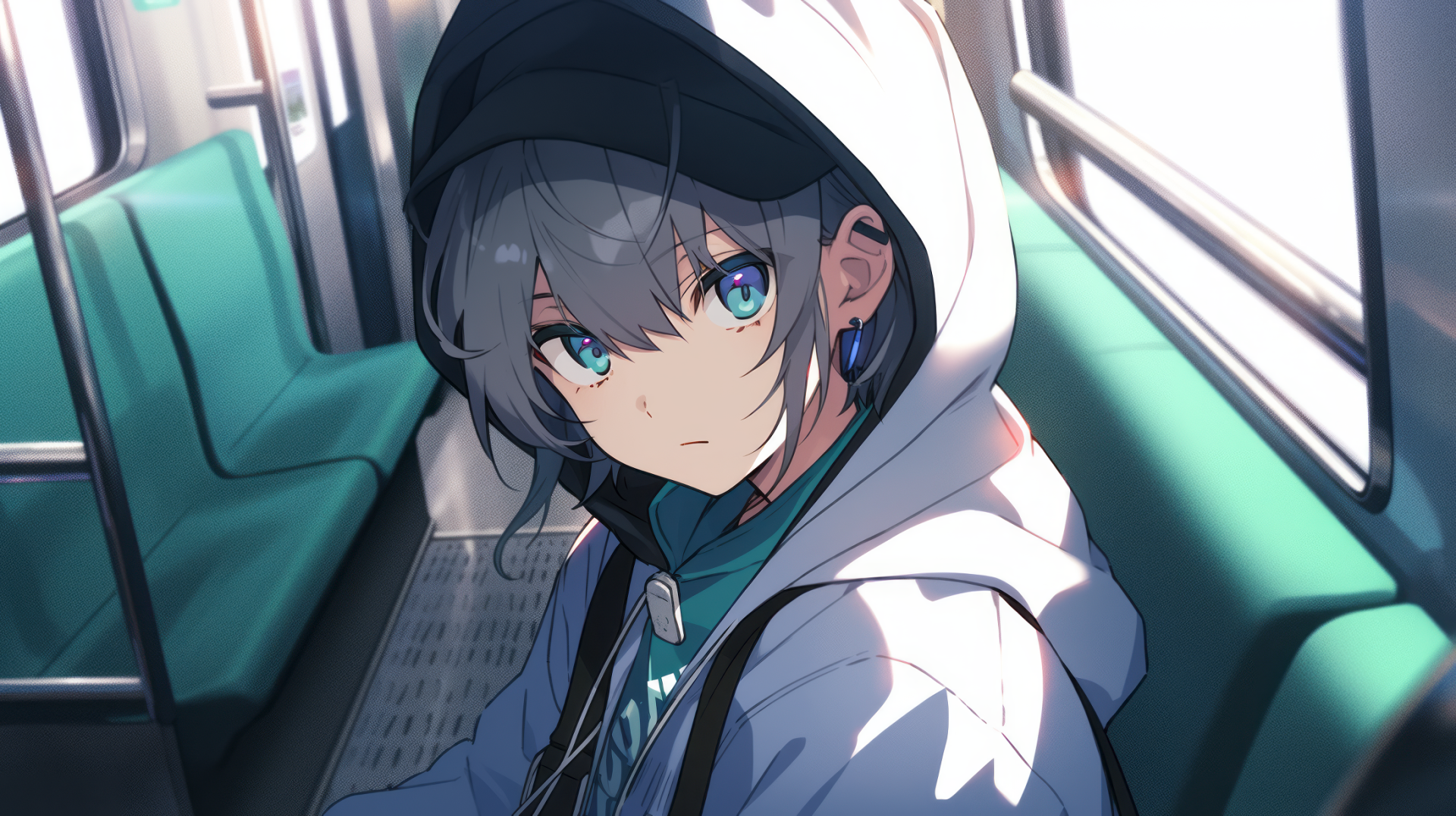 Anime girl with blue eyes wearing a hoodie on a train, lofi aesthetic HD wallpaper for desktop background.