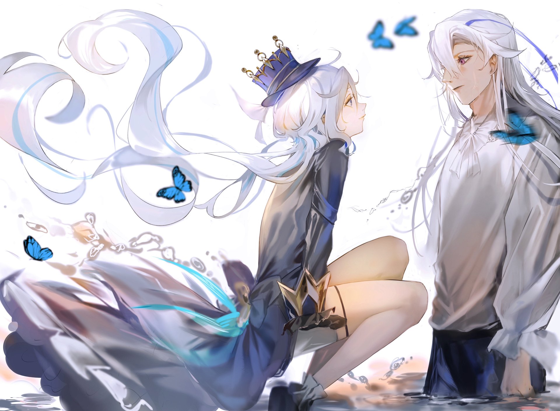 4K Ultra HD desktop wallpaper featuring Furina and Neuvillette from the video game Genshin Impact, surrounded by delicate blue butterflies and flowing white hair.