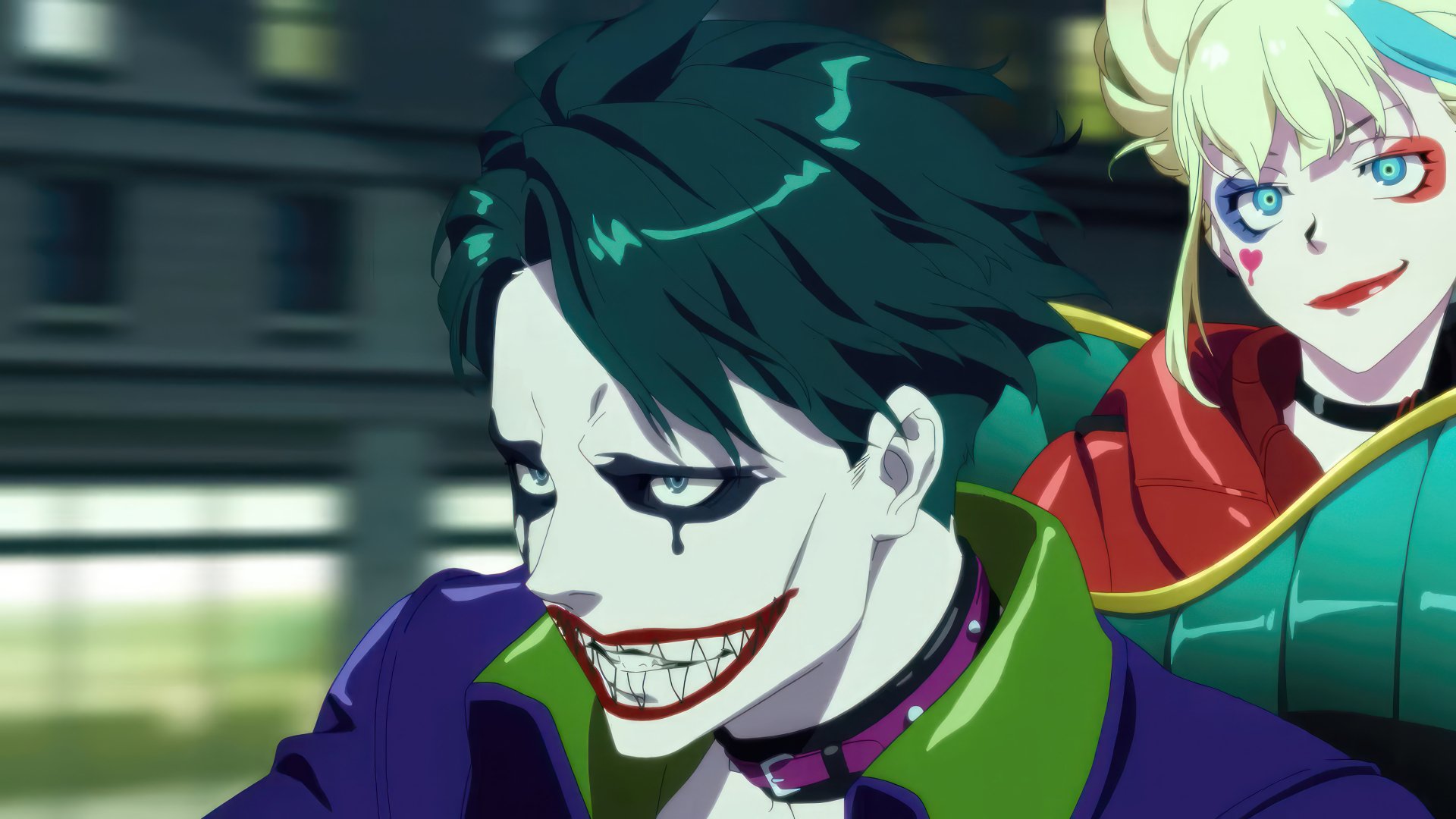 HD wallpaper featuring animated characters resembling Joker and Harley Quinn from Suicide Squad Isekai for desktop background.