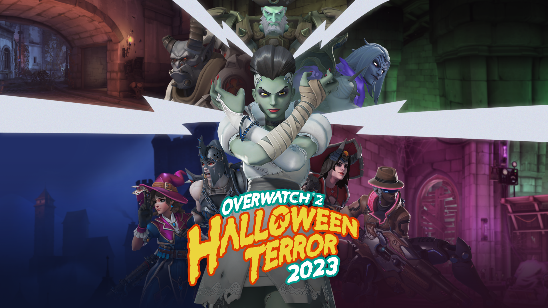 HD Overwatch 2 wallpaper of Halloween Terror 2023 event featuring various characters in a spooky-themed setting.