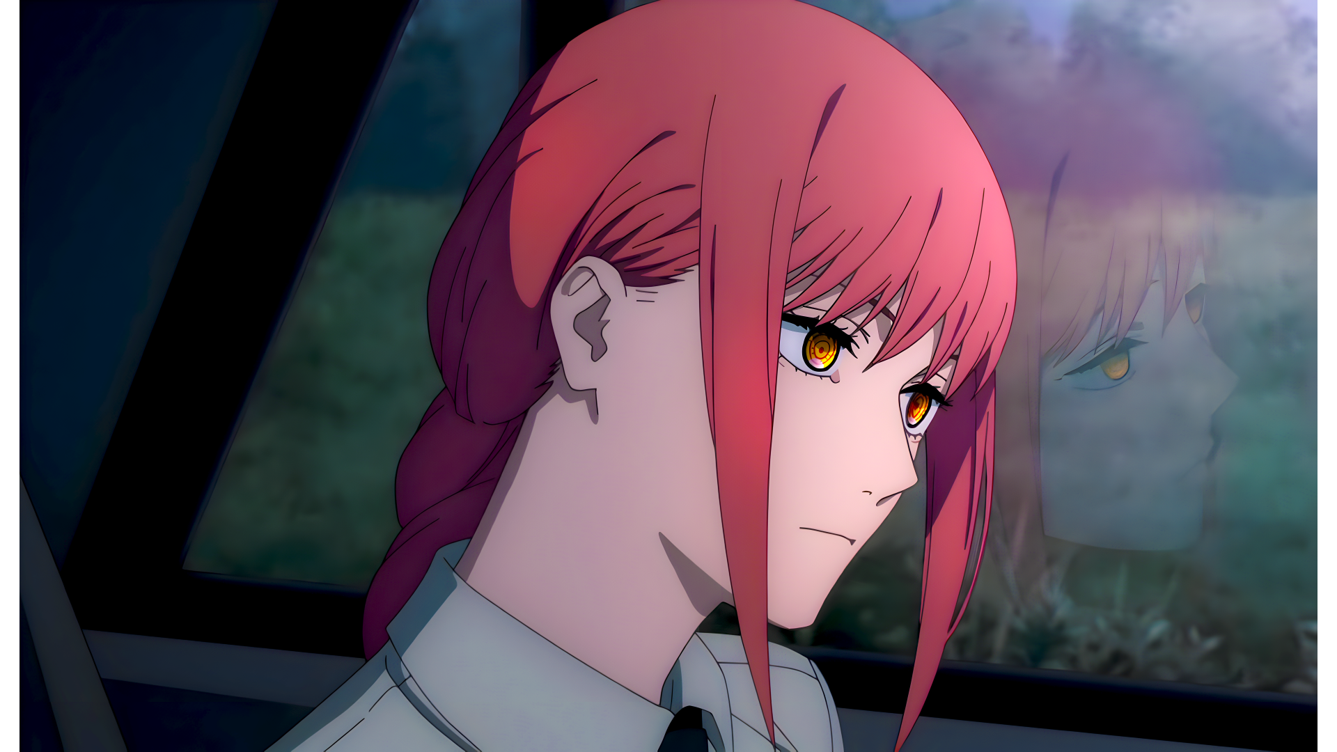 8K Ultra HD anime wallpaper featuring Makima from Chainsaw Man, showcasing her intense gaze and detailed character design in a dark, reflective setting.