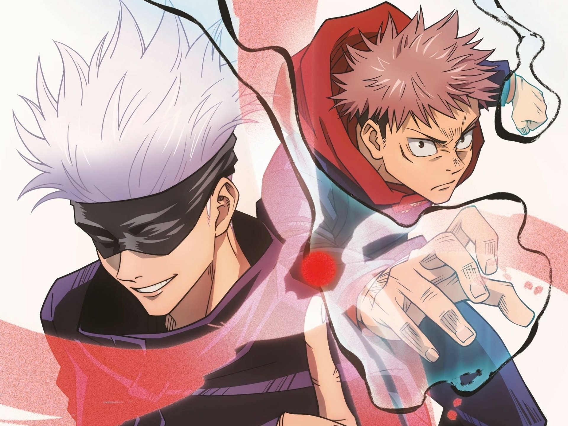 HD PC desktop wallpaper featuring Satoru Gojo and Yuji Itadori from the anime Jujutsu Kaisen in dynamic action poses.