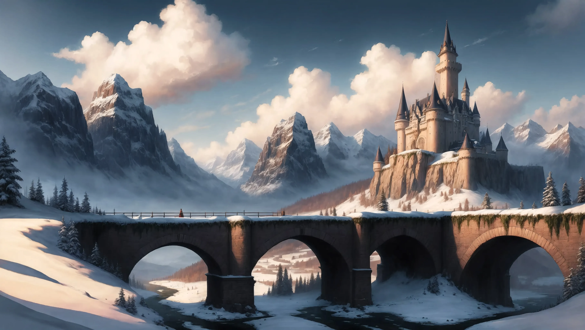 A majestic fantasy castle perched on a rocky hill, connected by a stone bridge spanning a snowy valley, set against towering mountains and a cloudy sky in 4K Ultra HD AI art.