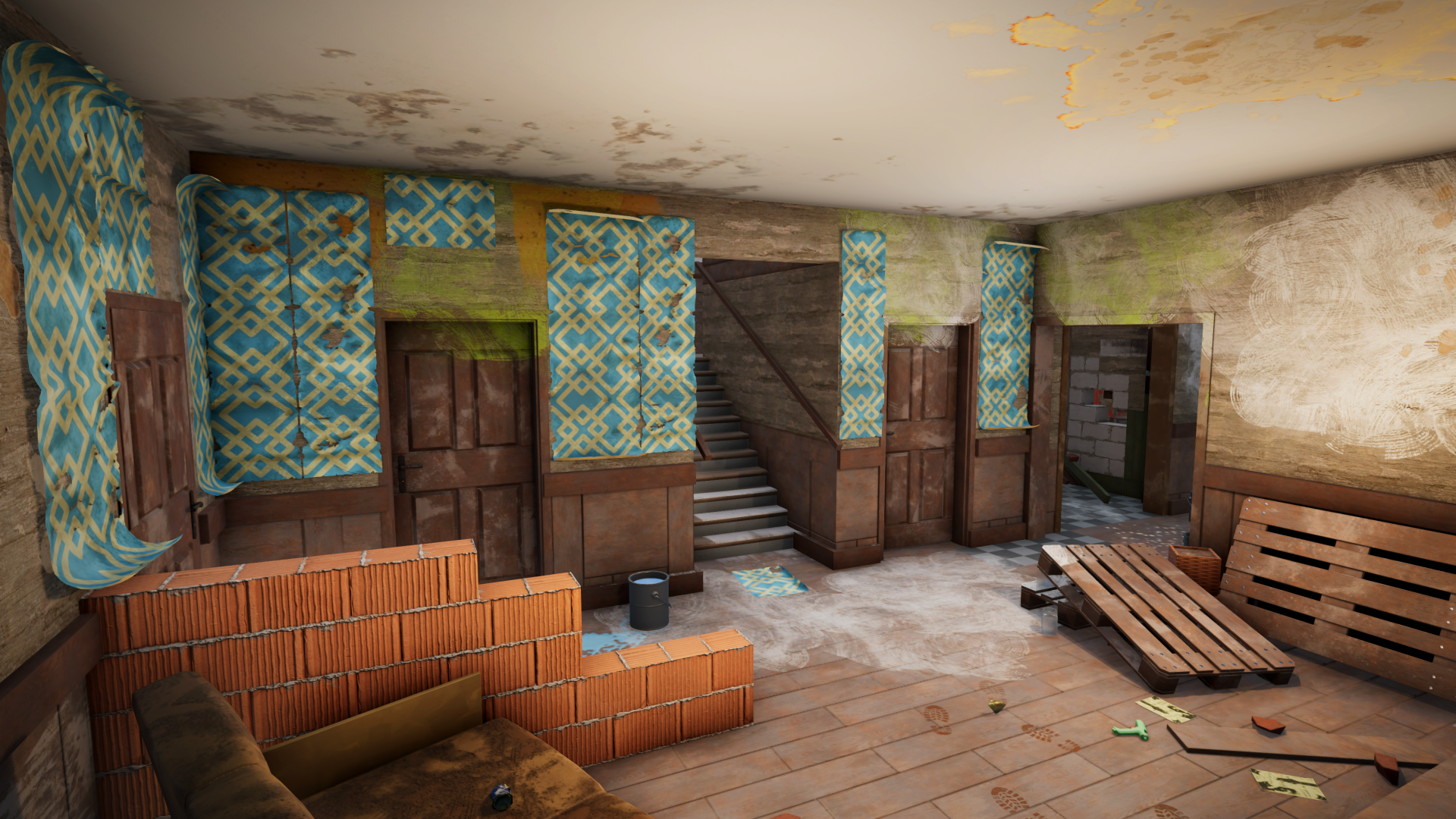 A cluttered interior scene from House Flipper 2, featuring peeling wallpaper, unpainted walls, and furniture in disarray, serving as an HD desktop wallpaper and background.