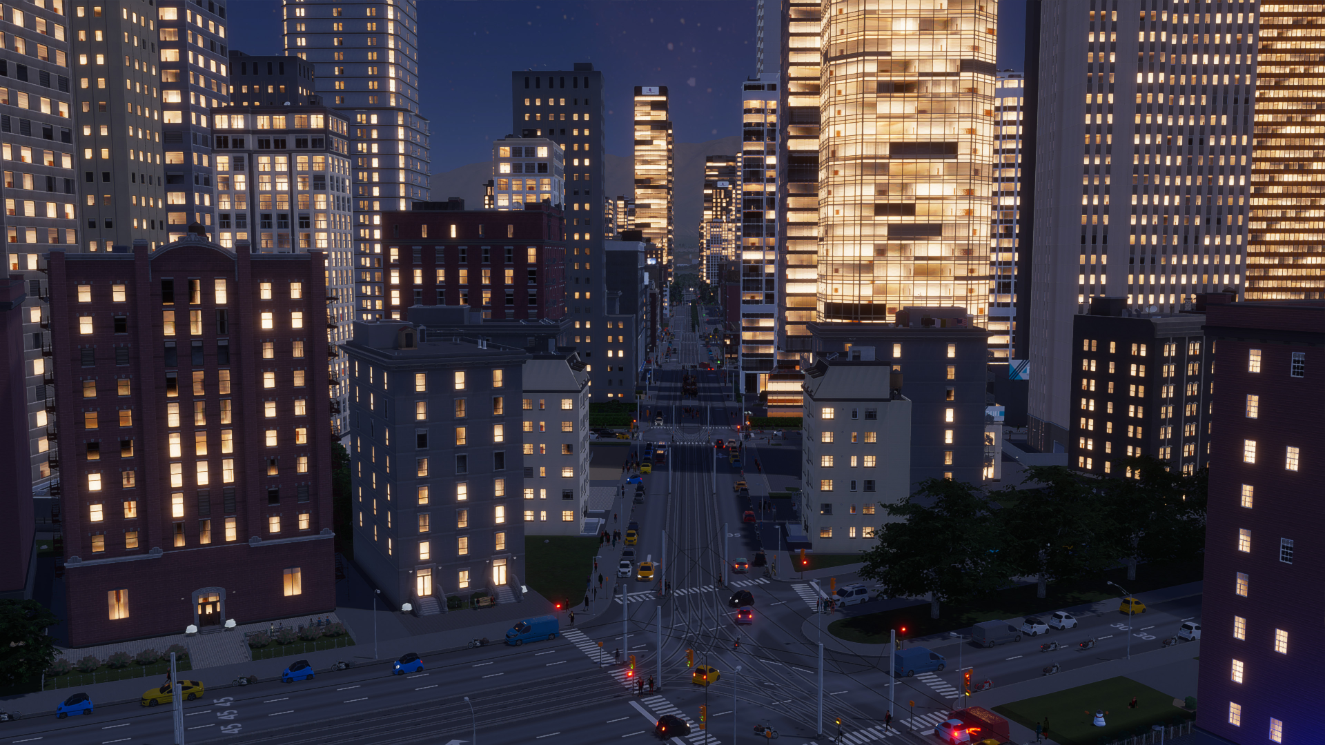 HD wallpaper of Cities: Skylines II showcasing a vibrant virtual cityscape with illuminated skyscrapers at night.