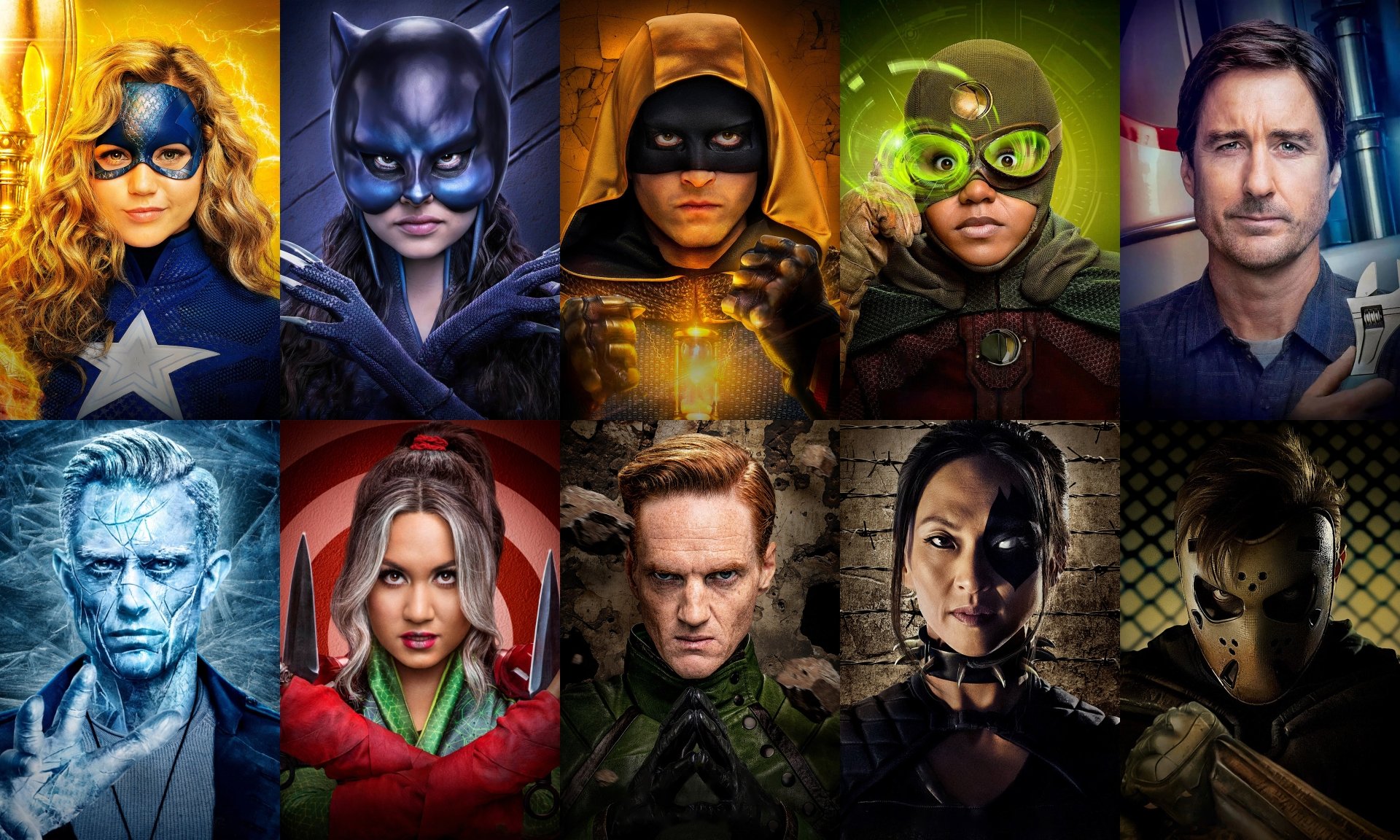 4K Ultra HD desktop wallpaper featuring characters from the TV show Stargirl, showcasing a vibrant and dynamic collage of heroes and villains.