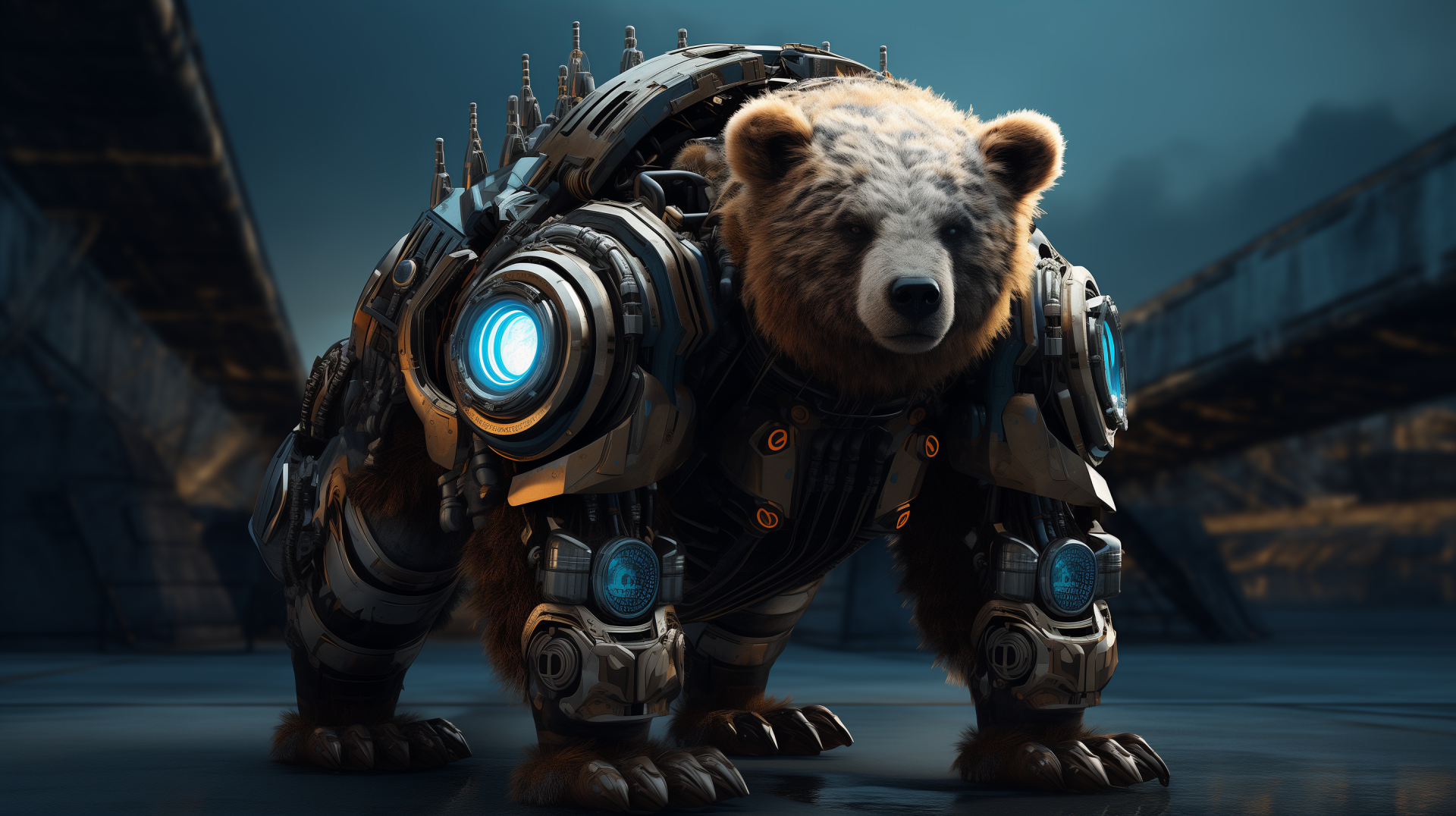 HD desktop wallpaper featuring a futuristic mechanical bear with glowing blue elements, set in a dimly-lit industrial environment.